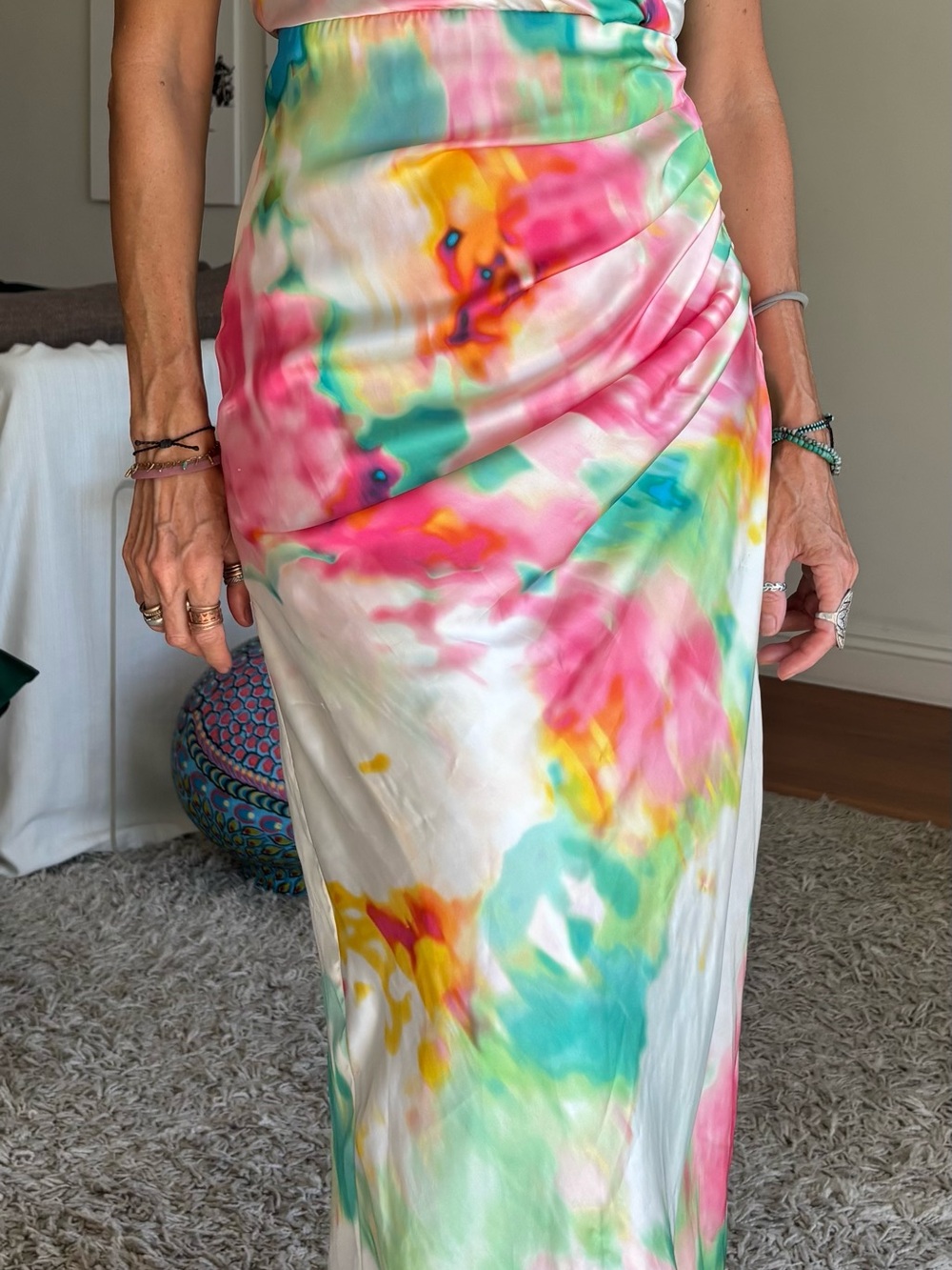 Zara Multicolor Satin Maxi Cocktail Dress in Pink, Aqua & Yellow